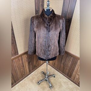 BEAUTIFUL VINTAGE AVANTI BROWN CORDED CORDUROY MINK FUR COAT JACKET SIZE SMALL